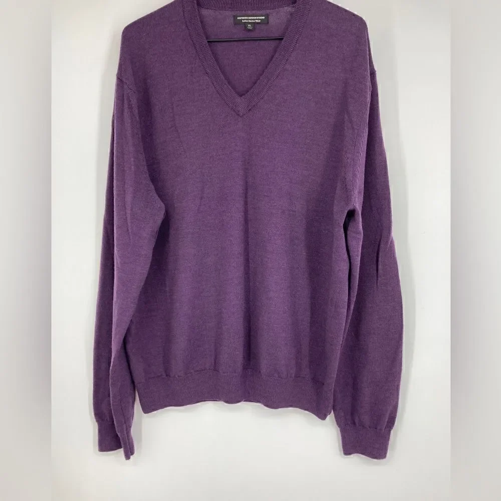 Express Design Studio Italian Merino Wool V Neck Sweater Purple Men's XL